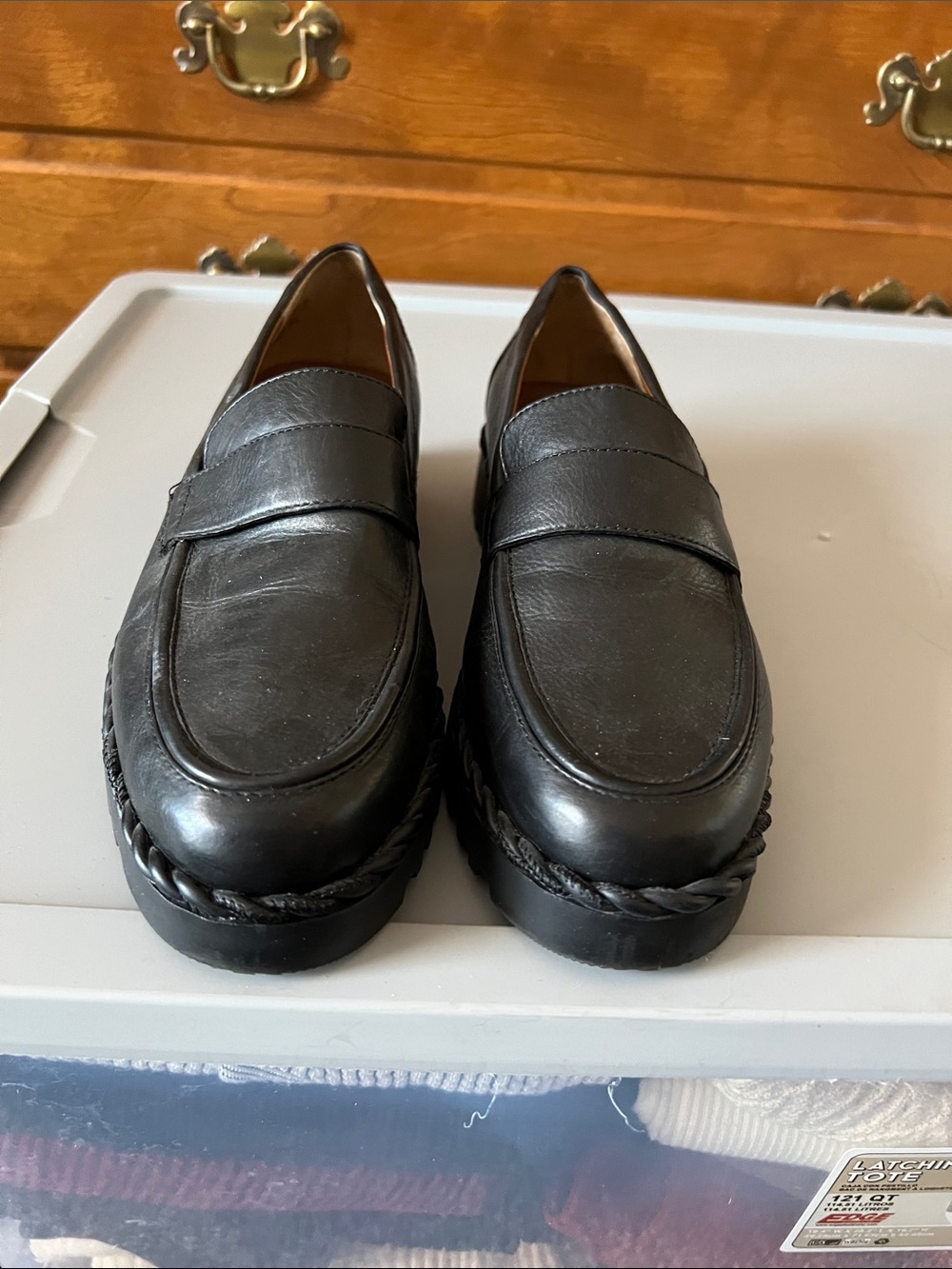 Franco Sarto Black Leather Penny Loafers with Braided Welt